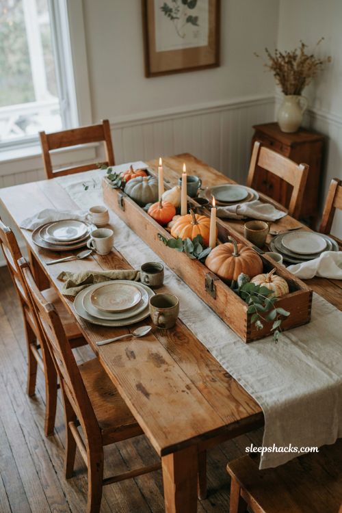 Diy fall centerpieces for table with vintage toolbox pumpkins and candles