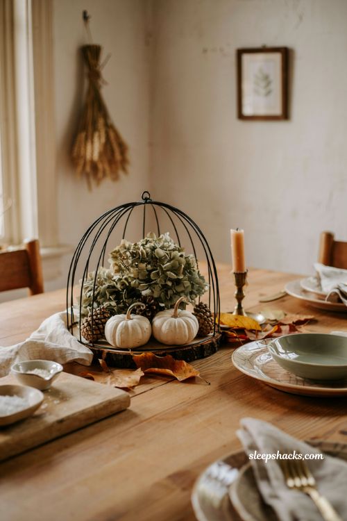 Diy fall centerpieces for table with wire cloche pinecones and white pumpkins