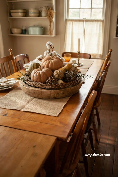 Diy fall centerpieces for table with wooden dough bowl gourds and dried cotton stems
