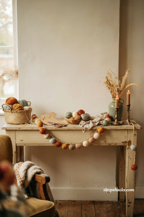 Diy pom pom garland with cozy fall yarn colors for mantel and farmhouse decor