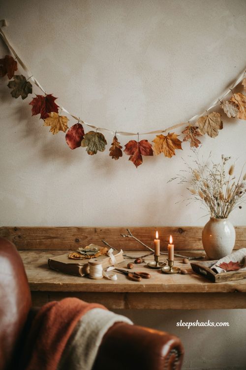 Diy pressed leaf garland with real autumn leaves and ribbon for fall mantel decor