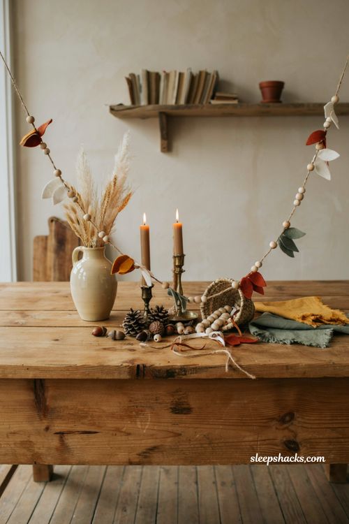 Diy wood bead and felt leaf garland with rustic fall buffet decor