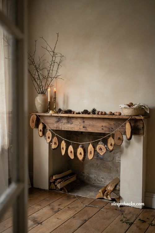 Diy wood slice and walnut fall garland with rustic natural mantel decor