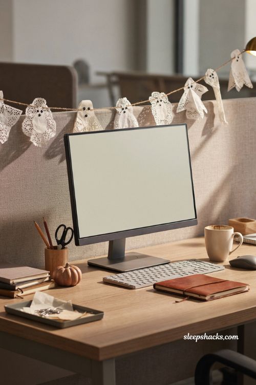 Doily ghost garland for cozy vintage office Halloween desk decor