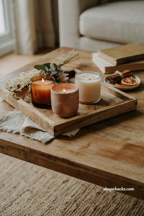 Dollar Tree DIY fall candles in glass holders with cinnamon dried orange slices and rustic decor 