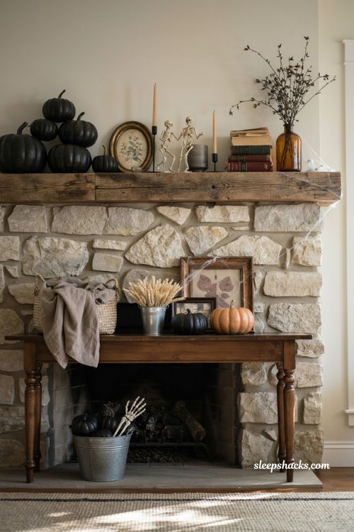 Dollar Tree Halloween decor with pumpkins skeletons and glass jars