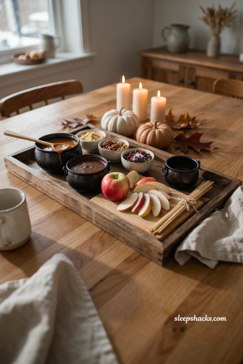 Dollar Tree fall apple dipping station with mini cauldrons caramel chocolate apples and cozy toppings 