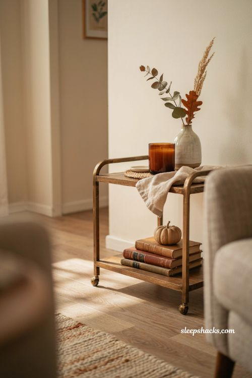 Dollar Tree fall bar cart decor with mini pumpkin candle books faux stems and cozy autumn accents 