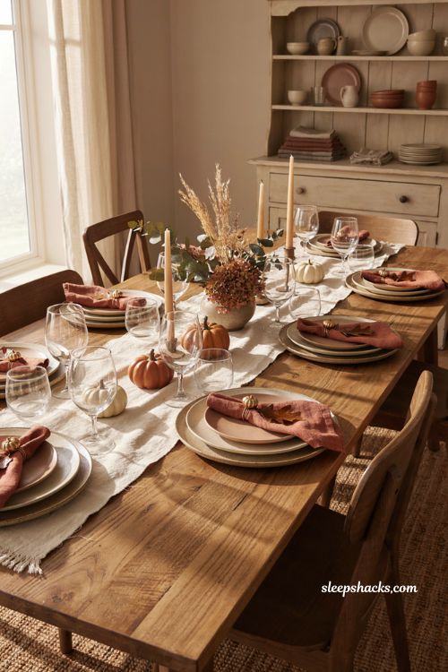 Dollar Tree fall tablescape with layered plates neutral runner pumpkin napkin rings and cozy autumn decor 