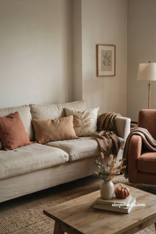 Dollar Tree fall throw pillow covers in muted rust cream and mushroom with cozy farmhouse accents 