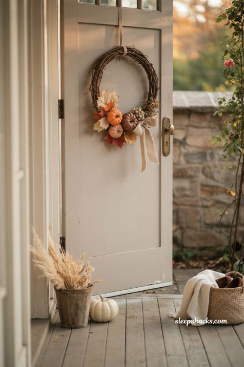 Dollar Tree fall wreath makeover with cream pumpkins muted leaves berries and warm autumn colors 