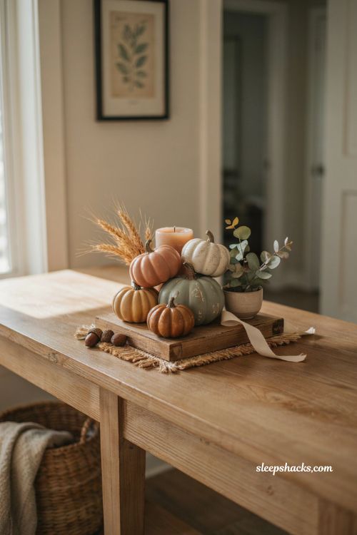 Dollar Tree faux pumpkin fall decor with mixed textures rustic wood dried wheat and cozy seasonal accents 
