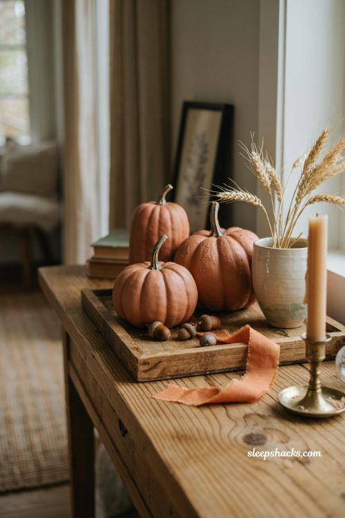 Dollar Tree foam pumpkins painted terracotta with stoneware texture rustic wood and fall accents 
