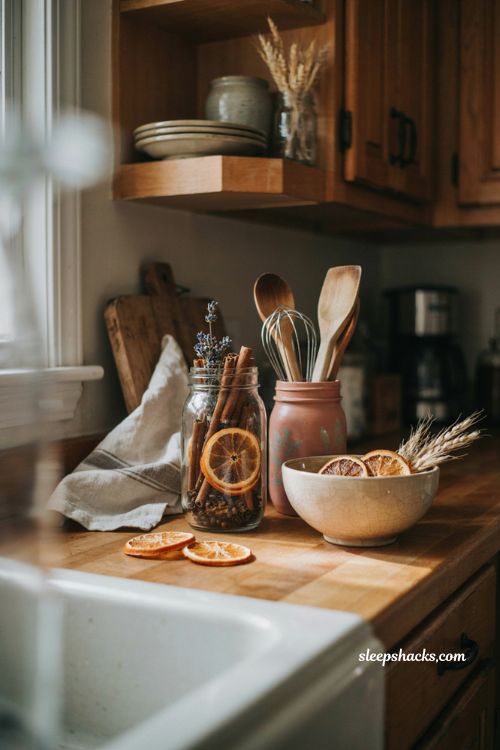 Dollar Tree mason jar fall kitchen decor with cinnamon dried oranges cloves and rustic farmhouse accents 