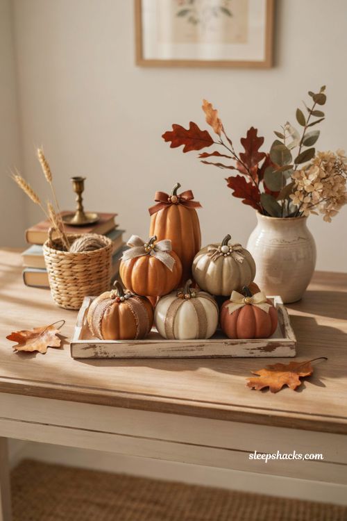 Dollar Tree monogrammed pumpkin fall decor with ribbons beads jewels and cozy handmade accents 