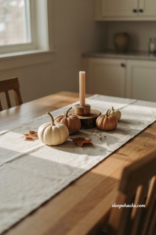 Dollar Tree pumpkin candle centerpiece with small pumpkins wood candle holder and natural wood slice 