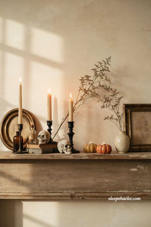 Dollar store candle holders and skulls for a cozy cheap Halloween mantel 