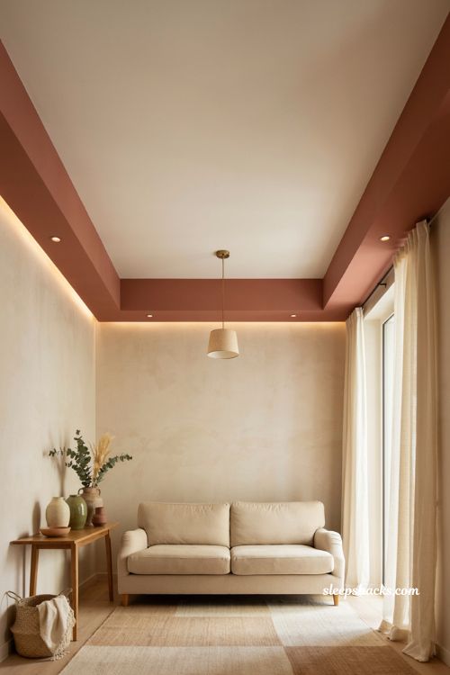 Double layer fall ceiling with terracotta accent border warm lighting and modern hall design