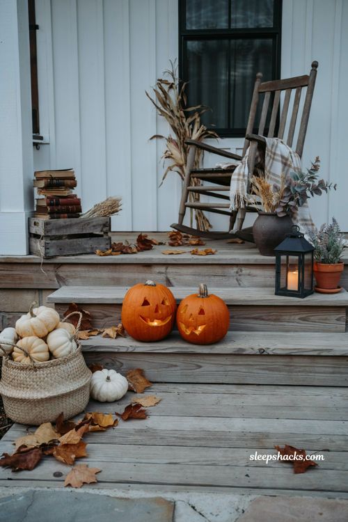 Double trouble pumpkin carving ideas with matching jack o lanterns on a cozy farmhouse porch