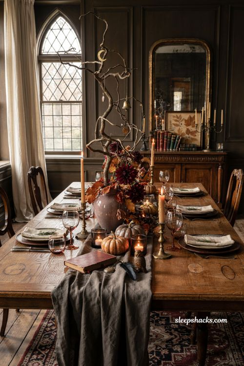 Dramatic Halloween dining table centerpiece with haunted branches burgundy flowers candles and pumpkins
