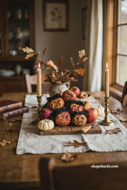 Dried apple witch heads for a unique cozy DIY Halloween centerpiece