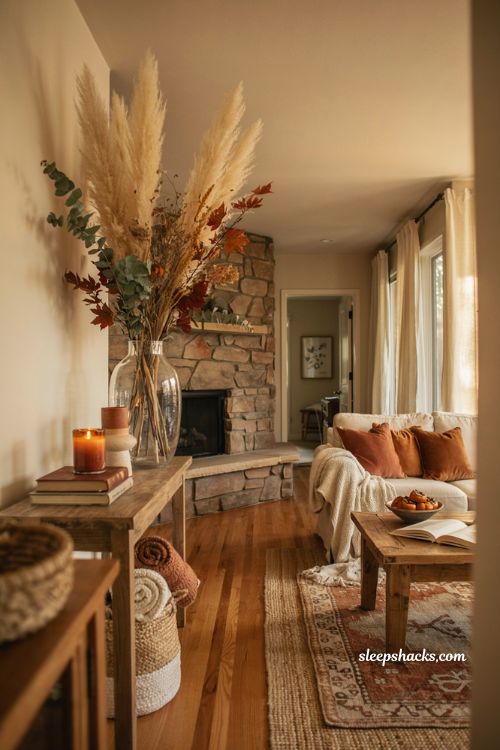 Dried branches and pampas grass vase ideas for a cozy fall living room