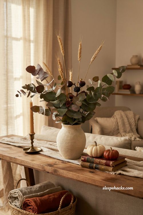 Dried eucalyptus and wheat boho fall decor with rust burgundy fig berries and natural textures