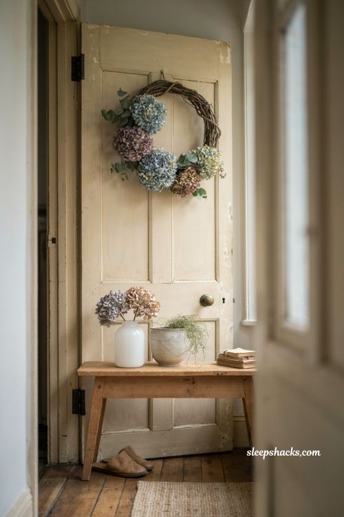 Dried hydrangea wreath in faded blue and muted plum for vintage fall decor