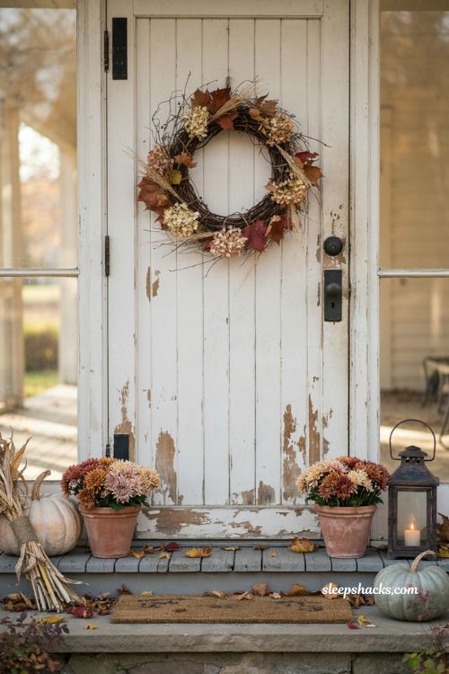 Dried natural fall wreath with maple leaves and wheat for Halloween door decor