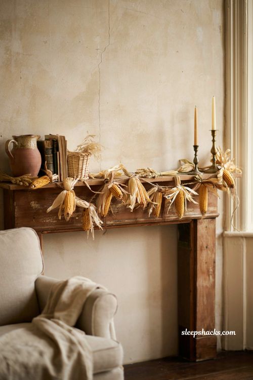 Dried wheat and corn fall garland for rustic farmhouse mantel