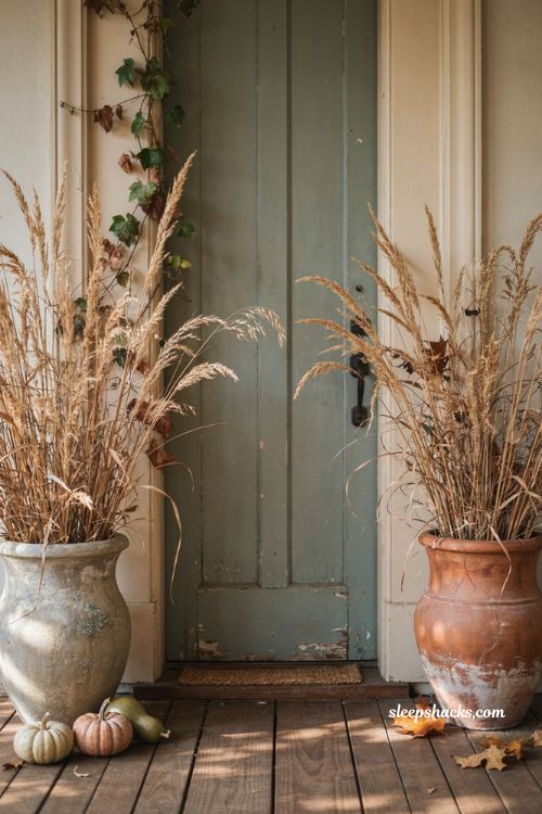Dried wheat and grass fall decor with tall urns pumpkins natural grasses and balanced farmhouse front door 