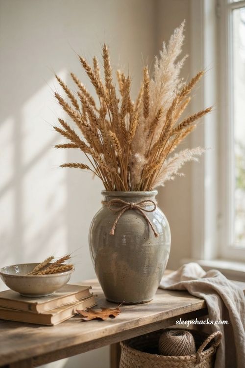 Dried wheat and pampas grass bundle in vintage stoneware crock for fall decor