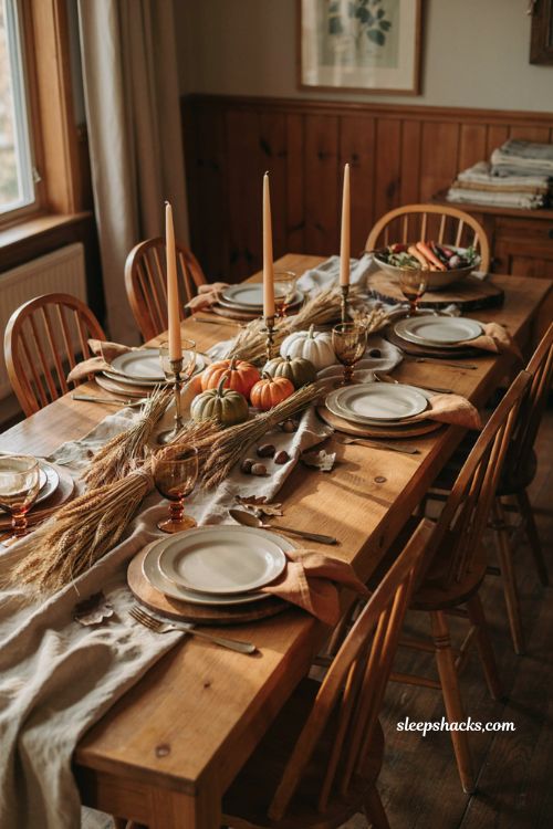 Dried wheat centerpiece with pumpkins and acorns for a rustic Thanksgiving table
