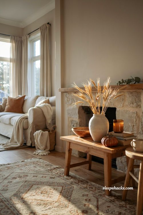 Dried wheat decor ideas for a cozy fall living room with natural autumn textures