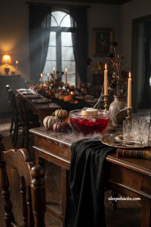 Dry ice punch bowl with spooky fog for a cozy Halloween house party