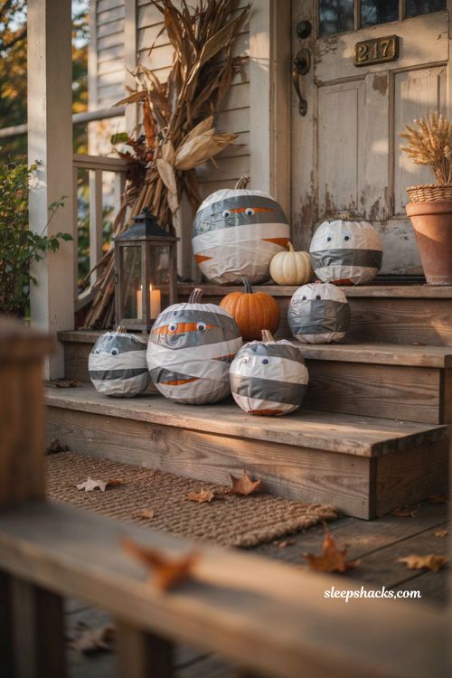 Duct tape mummy pumpkins for a cozy DIY Halloween front porch