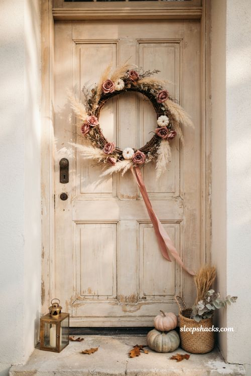 Dusty rose Halloween pumpkin wreath with white pumpkins pampas grass and boho decor
