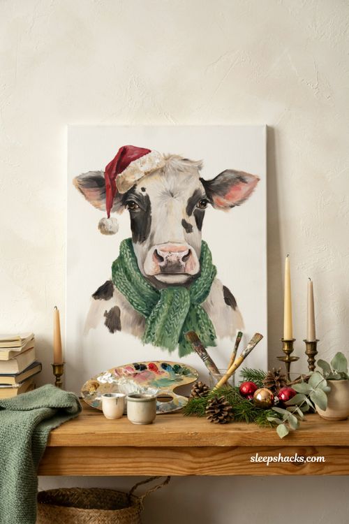 Easy Christmas cow painting on canvas with Santa hat and knit scarf