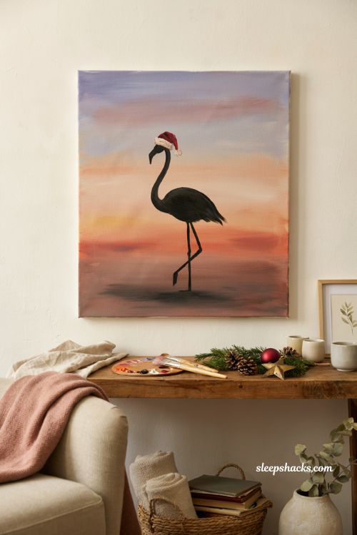 Easy Christmas flamingo painting on canvas with sunset and Santa hat