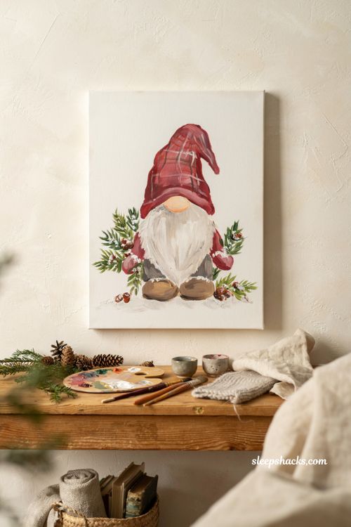 Easy Christmas gnome painting on canvas with snow covered pine branches
