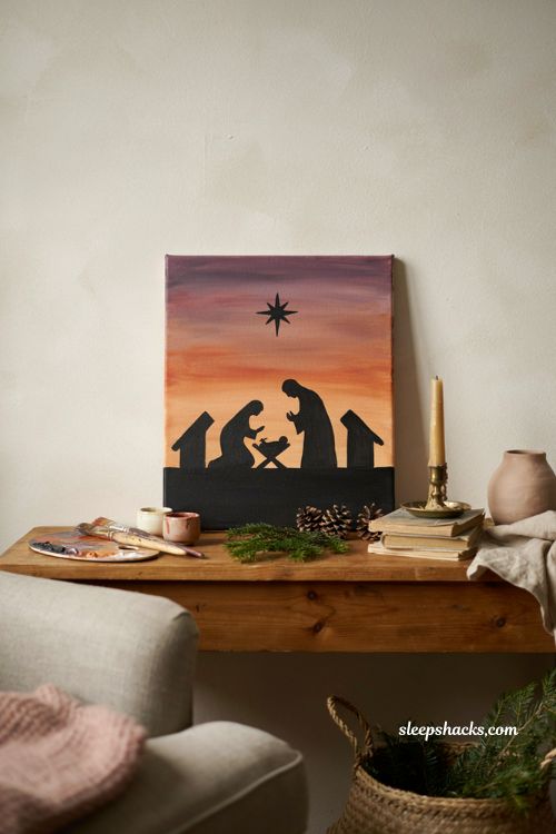 Easy Christmas nativity silhouette painting with blended sunset sky