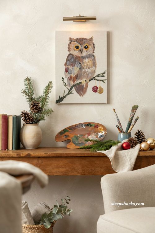 Easy Christmas owl painting on canvas with ornaments and pine branch