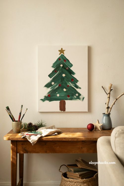 Easy Christmas painting for beginners with simple evergreen tree on canvas