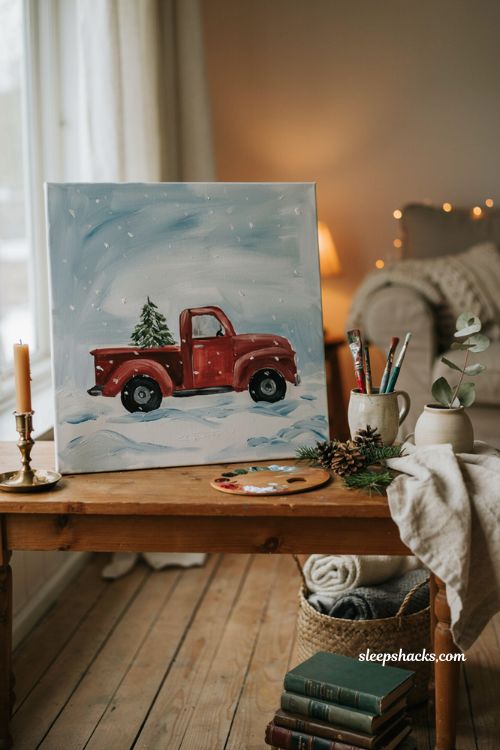 Easy Christmas red truck painting with tree for rustic farmhouse decor