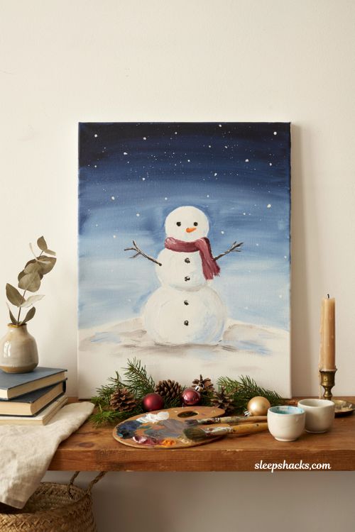 Easy Christmas snowman painting on canvas with starry night sky