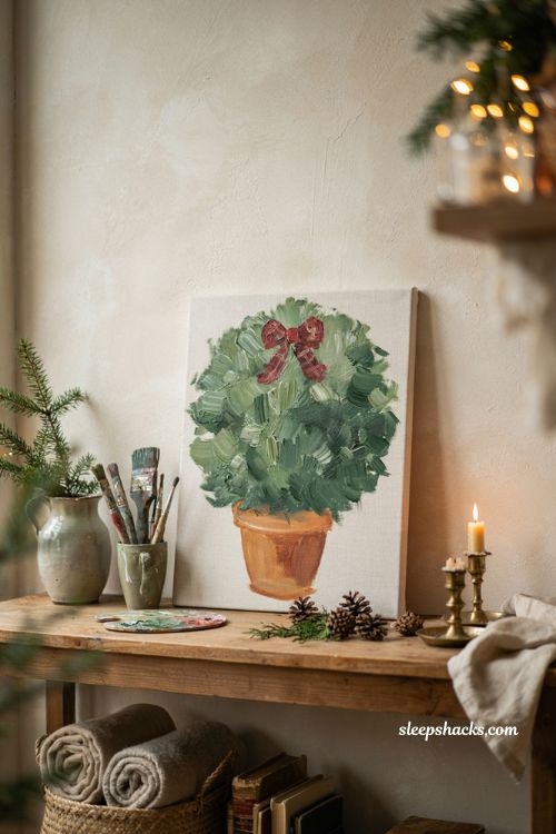 Easy Christmas topiary painting on canvas with loose green brushstrokes