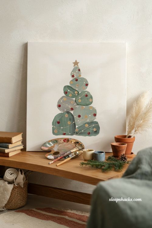 Easy Christmas tree cactus painting on canvas for modern holiday decor