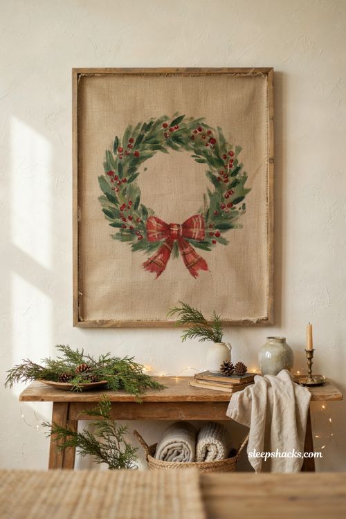 Easy Christmas wreath painting on burlap canvas with green dabs and red berries
