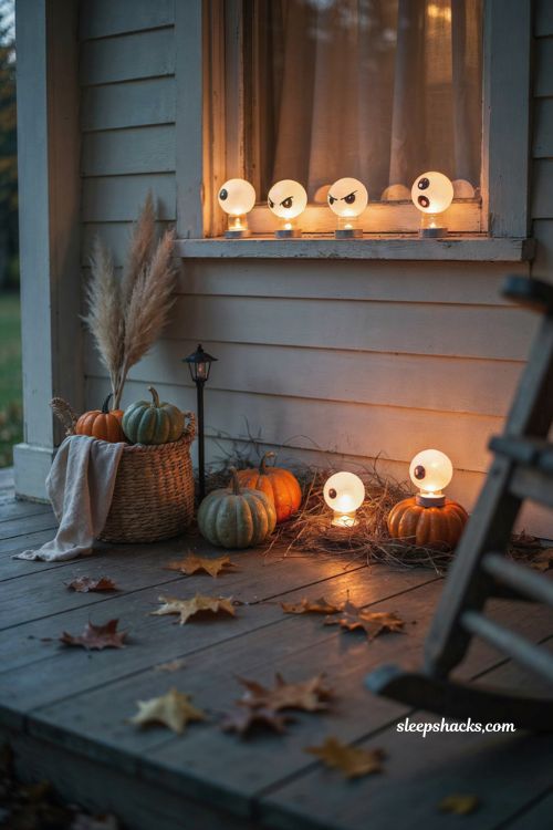 Easy Halloween glowing monster eyes with ping pong balls and tea lights on a cozy porch