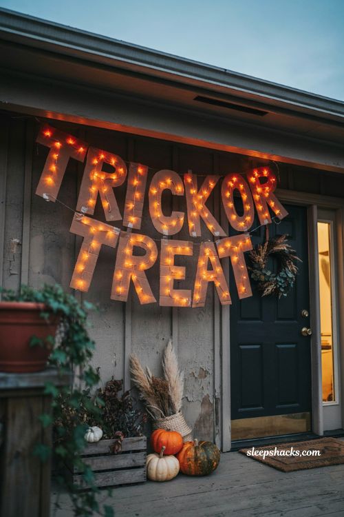Easy Halloween marquee letter decor with glowing orange lights on a cozy autumn porch